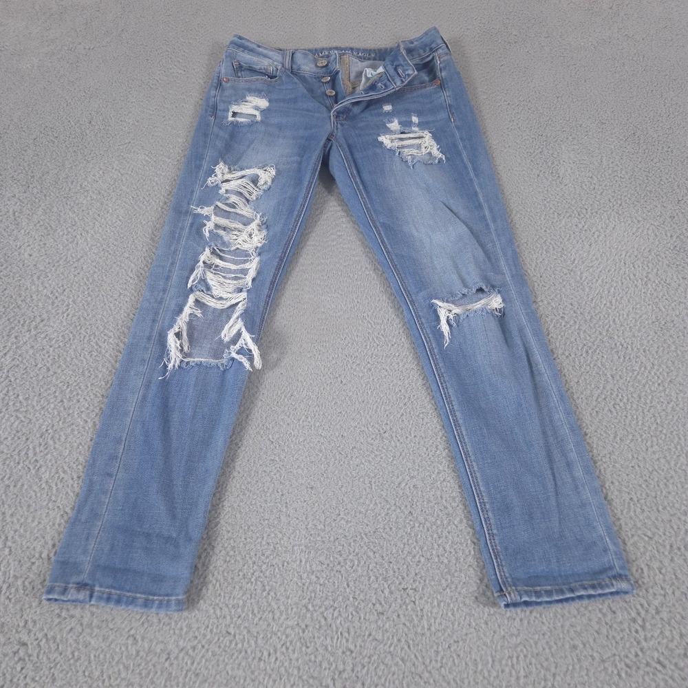 American Eagle Jeans Womens‎ 2 Blue Tomgirl Distressed Button Fly Mid Rise Denim